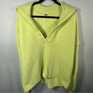 Free People V Neck Fray Sweater Womens XS Green Pullover Knit Oversized Baggy